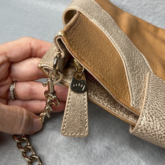 Elaine Turner Leather Clutch Purse in Tan with Metallic Gold Accents